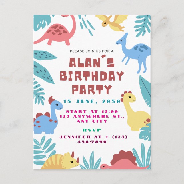 Cute Dinosaur Birthday Invitation Postcard (Front)