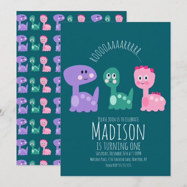 Cute Dinosaur Birthday Party Colourful Invitation (Front/Back)