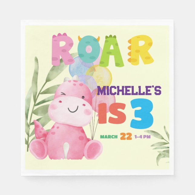 Cute Dinosaur Birthday Party Kids Dino Girls Napkin (Front)