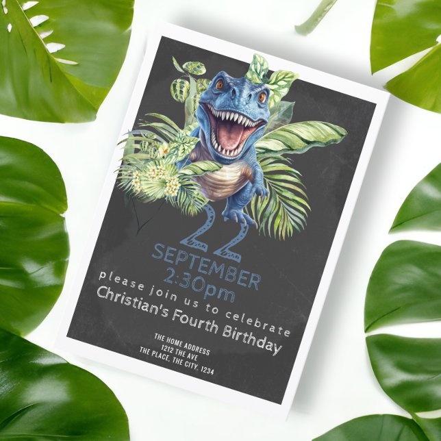 Cute Dinosaur Birthday Party Personalised Invitation (Blue dinosaur birthday party invitation. Birthday invites from Ricaso. Printed or downloadable)