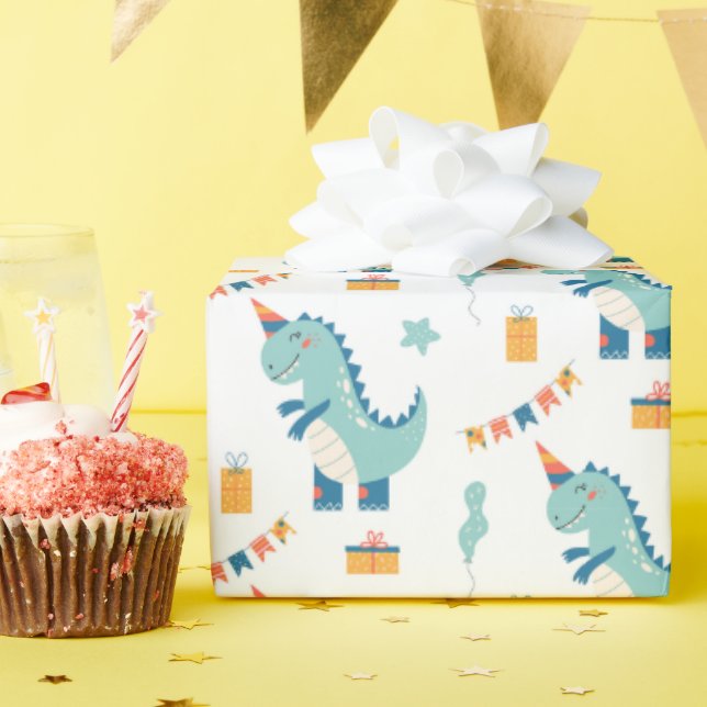 Cute Dinosaur Birthday Party Seamless Pattern Wrapping Paper (Birthday Party)