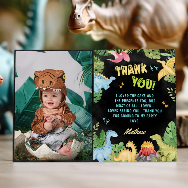 Cute Dinosaur Birthday Photo Thank You Card (Creator Uploaded)