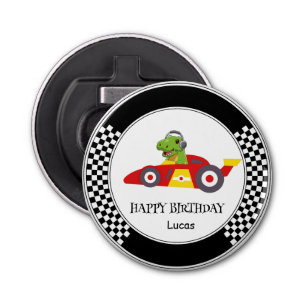 Cute Dinosaur Birthday racing car boy kids name Bottle Opener