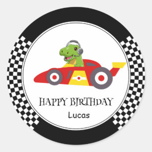 Cute Dinosaur Birthday racing car boy kids name Classic Round Sticker