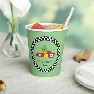 Cute Dinosaur Birthday racing car boy kids name Paper Cups