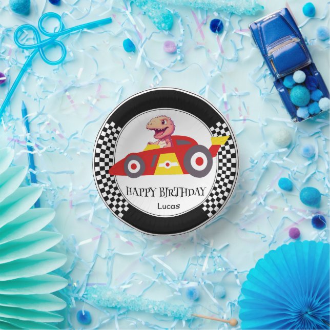 Cute Dinosaur Birthday racing car boy kids name Paper Plate (Party)