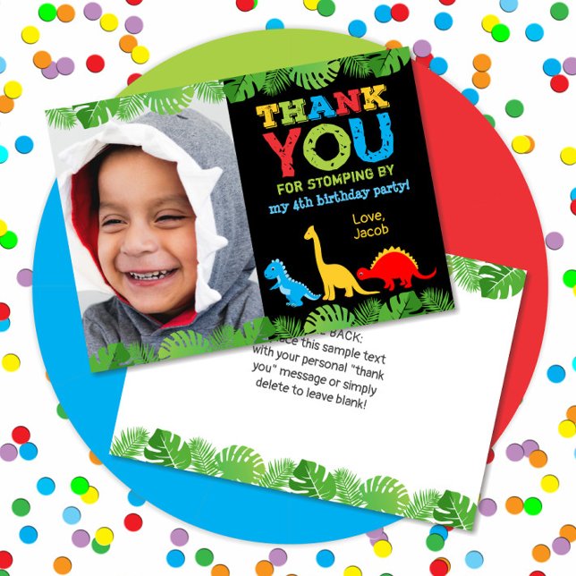 Cute Dinosaur Birthday Thank You Card (Fun birthday thank you note card with colorful dinosaurs, tropical leaves and palm branches)