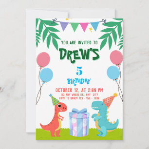 Cute Dinosaur Birthday With Balloons And Gifts Invitation