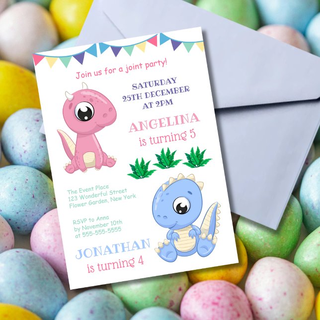 Cute Dinosaur Boy and Girl Joint Birthday  Invitation (Creator Uploaded)