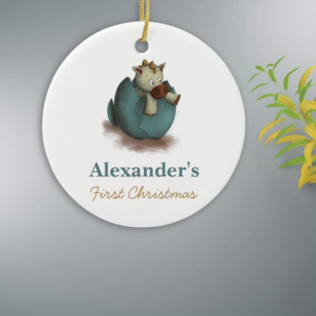 Cute Dinosaur Boy Baby's First Christmas  Ceramic Tree Decoration (Cute first christmas keepsake with a dinosaur hatching from a green egg)
