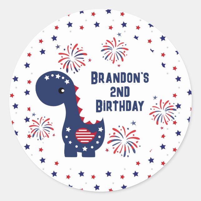 Cute Dinosaur Boy Birthday 4th of July  Classic Round Sticker (Front)