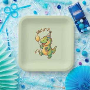 Cute Dinosaur Boy Birthday Paper Plates Editable