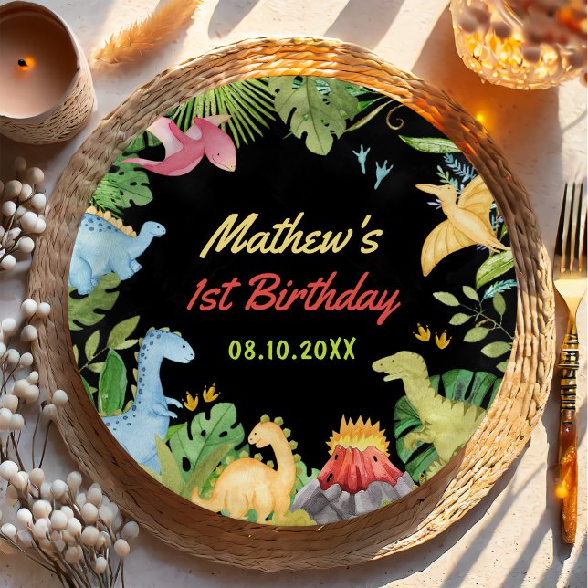 Cute Dinosaur Boy First Birthday Party Paper Plate (Creator Uploaded)