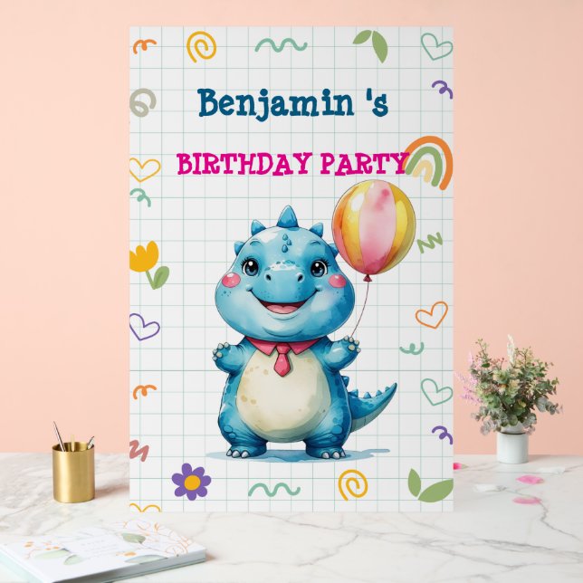 Cute Dinosaur Boy Happy birthday colourful party Acrylic Sign (Wedding)