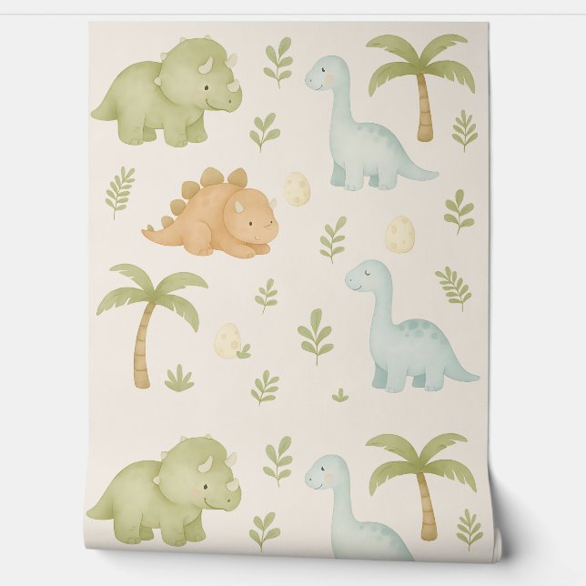 Cute Dinosaur Boy Nursery Wallpaper (Unrolling)