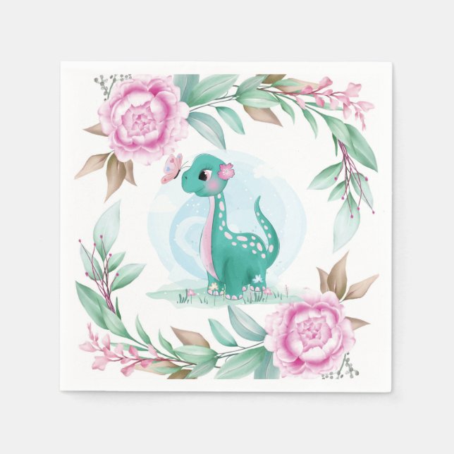Cute Dinosaur Butterfly Pink Peony Baby Shower Napkin (Front)