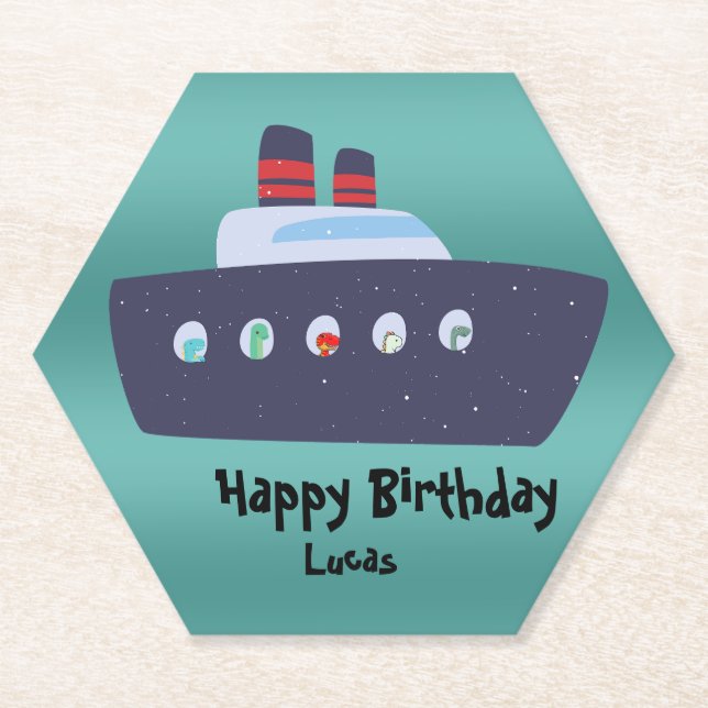 Cute dinosaur captain boat ship School Birthday Paper Coaster (Front)