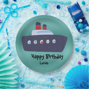 Cute dinosaur captain boat ship School Birthday Paper Plate