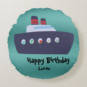 Cute dinosaur captain boat ship School Birthday Round Cushion