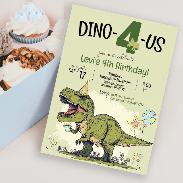 Cute Dinosaur Cartoon Dino-4-us 4th Birthday Party Invitation (Cute Funny cartoon dinosaur wearing a party hat four 4th birthday party invitation, dino-4-us, green)