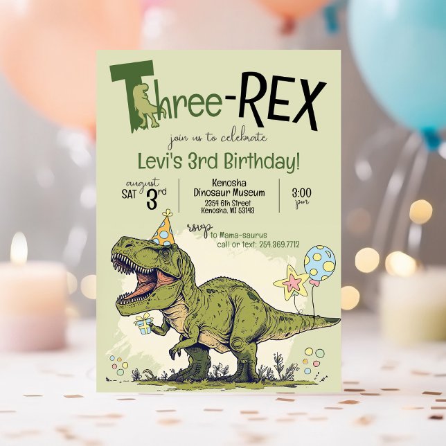 Cute Dinosaur Cartoon Three-Rex 3rd Birthday Party Invitation (Cute Cartoon T-Rex Dinosaur wearing a birthday hat, Three-Rex 3rd birthday party invitation, green)
