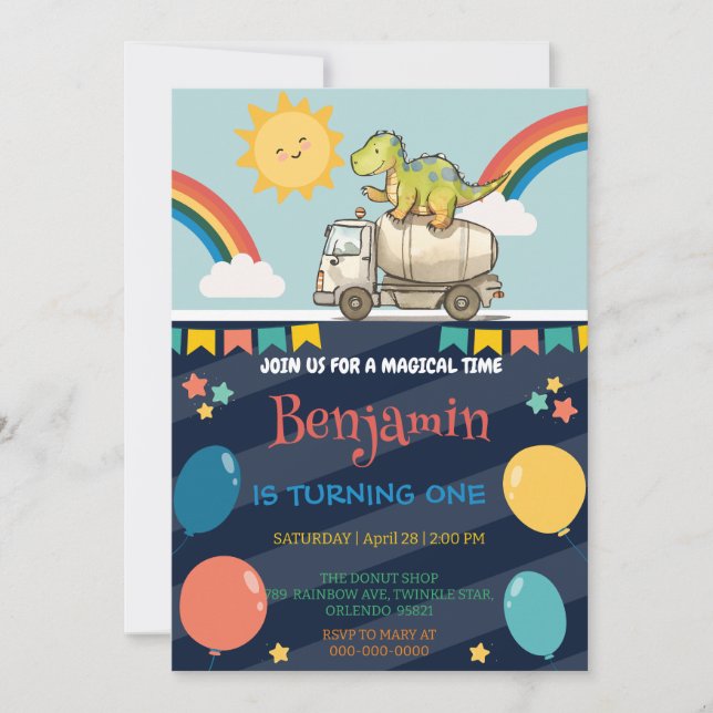 Cute dinosaur cement truck Rainbow School Birthday Invitation (Front)
