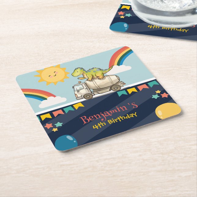 Cute dinosaur cement truck Rainbow School Birthday Square Paper Coaster (Angled)