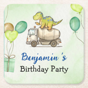 Cute dinosaur cement truck Rainbow School Birthday Square Paper Coaster
