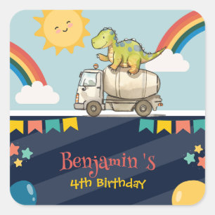 Cute dinosaur cement truck Rainbow School Birthday Square Sticker