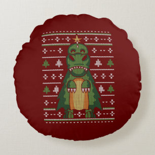 Cute Dinosaur Christmas Tree Ugly Sweater Design Round Cushion