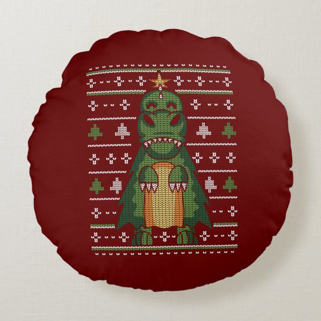 Cute Dinosaur Christmas Tree Ugly Sweater Design Round Cushion (Front)