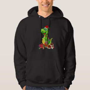 Cute Dinosaur Christmas Tree With Santa Hat Lights Hoodie