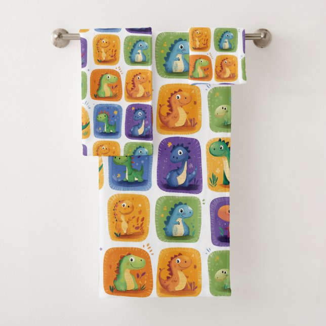Cute Dinosaur Collage Pattern – Fun & Playful Dino Bath Towel Set (Insitu)