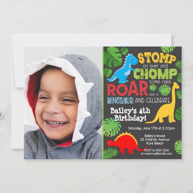 Cute Dinosaur Colourful Birthday Boy Photo Invitation (Front)