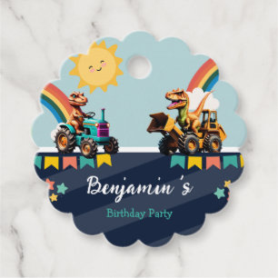 Cute dinosaur construction truck balloon Birthday Favour Tags