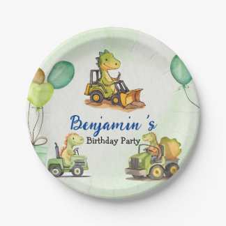 Cute dinosaur construction truck balloon Birthday  Paper Plate