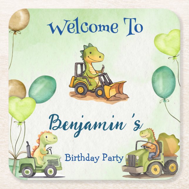 Cute dinosaur construction truck balloon Birthday  Square Paper Coaster (Front)