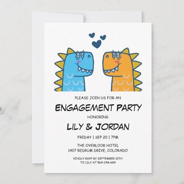 Cute dinosaur couple cartoon engagement invitation (Front)