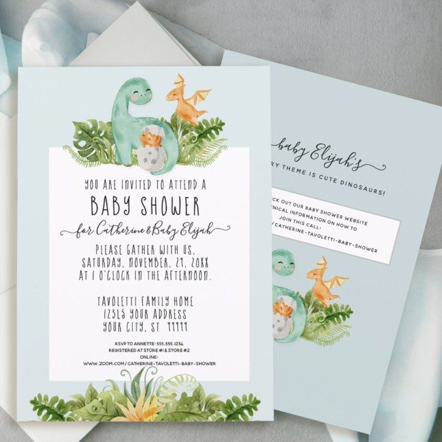 Cute Dinosaur Dino Mummy Foliage Baby Boy Shower I Invitation (Creator Uploaded)