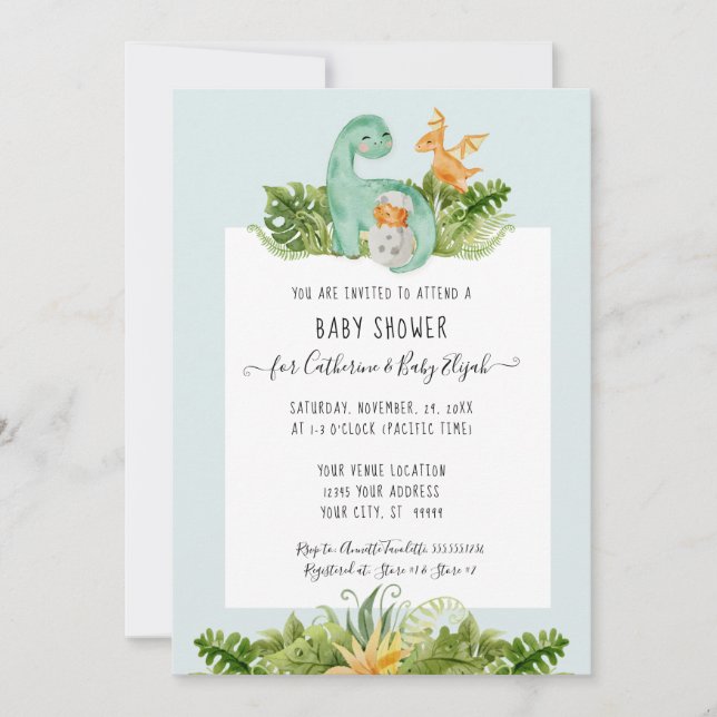 Cute Dinosaur Dino Mummy Foliage Baby Boy Shower Invitation (Front)