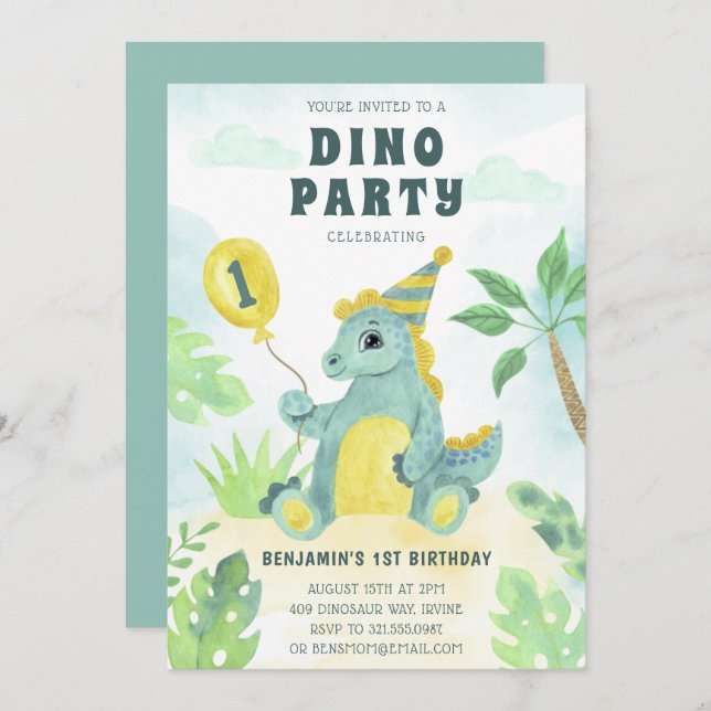 Cute Dinosaur Dino Party Boy First Birthday Invitation (Front/Back)