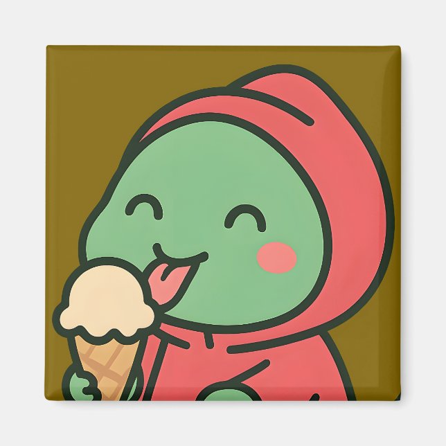Cute Dinosaur Eating Ice Cream – Kitchen Magnet (Front)