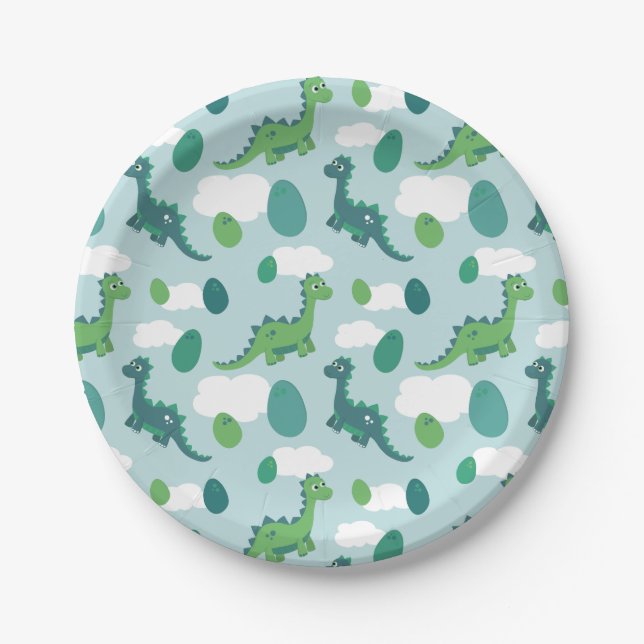 Cute dinosaur eggs blue green pattern  paper plate (Front)