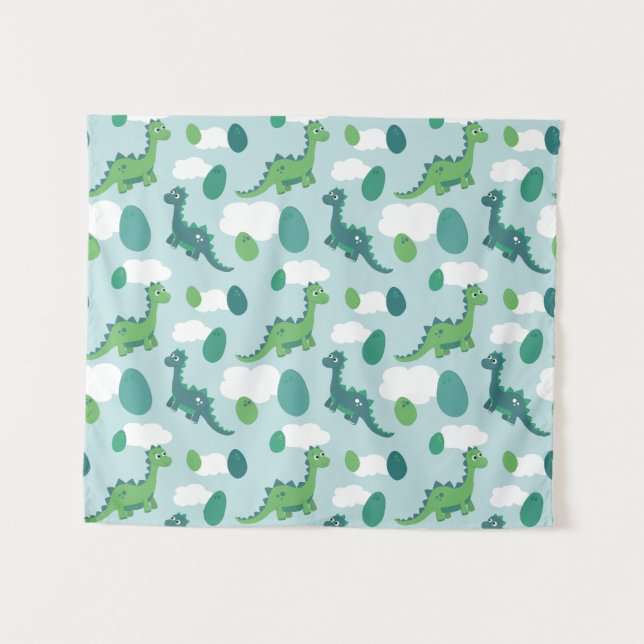 Cute dinosaur eggs blue green pattern tapestry (Front (Horizontal))