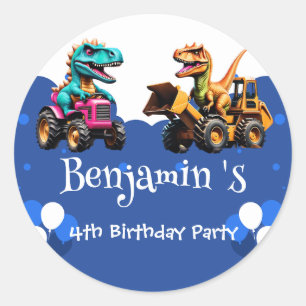 Cute dinosaur Excavator tractor balloon Birthday  Classic Round Sticker