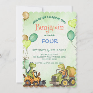 Cute dinosaur Excavator tractor balloon Birthday Invitation