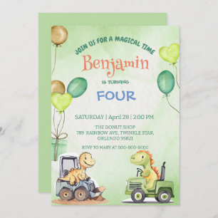 Cute dinosaur Excavator tractor balloon Birthday Invitation