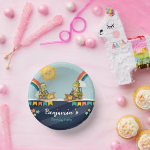 Cute dinosaur Excavator tractor rainbow Birthday Paper Plate