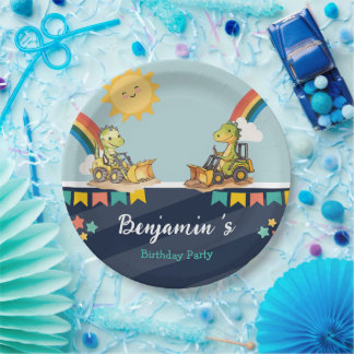 Cute dinosaur Excavator tractor rainbow Birthday  Paper Plate