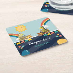 Cute dinosaur Excavator tractor rainbow Birthday  Square Paper Coaster
